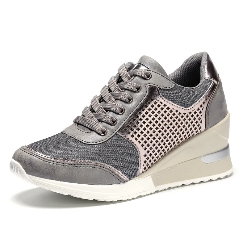 Women's PU lace-up height increasing sneakers 6.5cm round toe casual walking shoes Black Gold Grey Leopard
