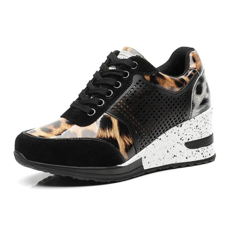Women's PU lace-up height increasing sneakers 6.5cm round toe casual walking shoes Black Gold Grey Leopard