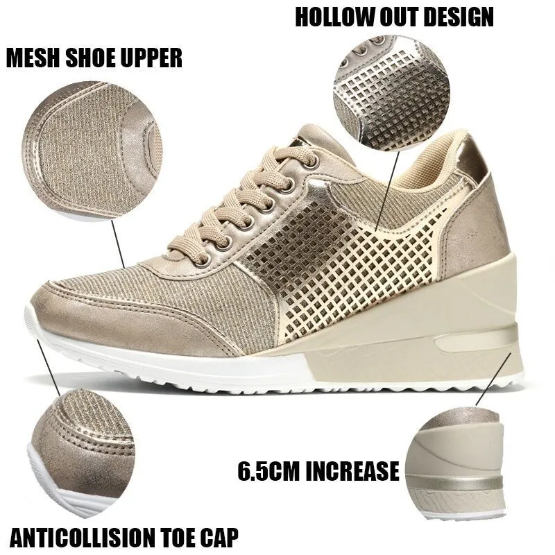 Women's PU lace-up height increasing sneakers 6.5cm round toe casual walking shoes Black Gold Grey Leopard
