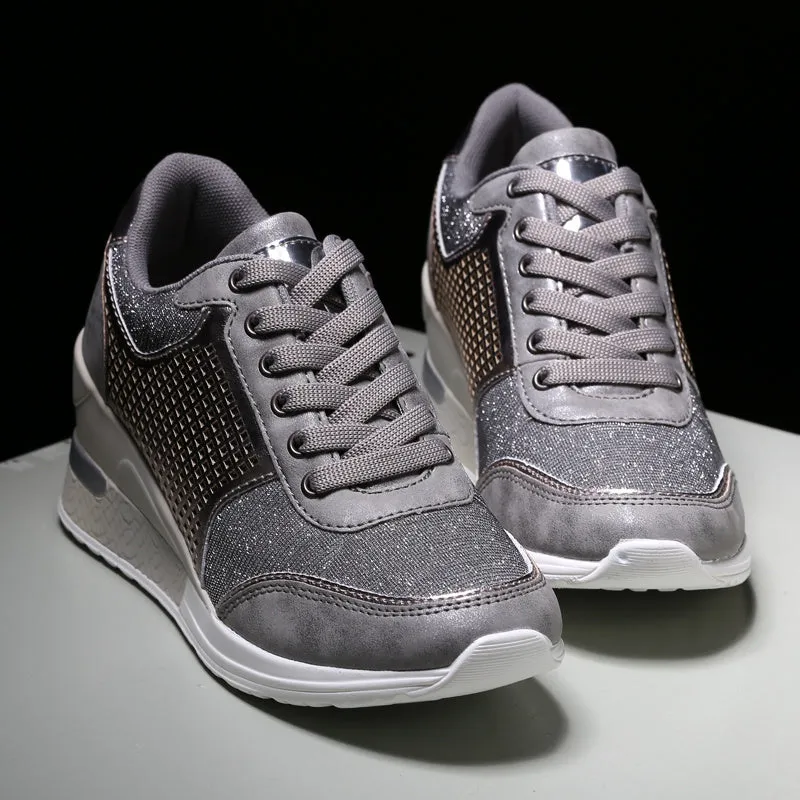 Women's PU lace-up height increasing sneakers 6.5cm round toe casual walking shoes Black Gold Grey Leopard