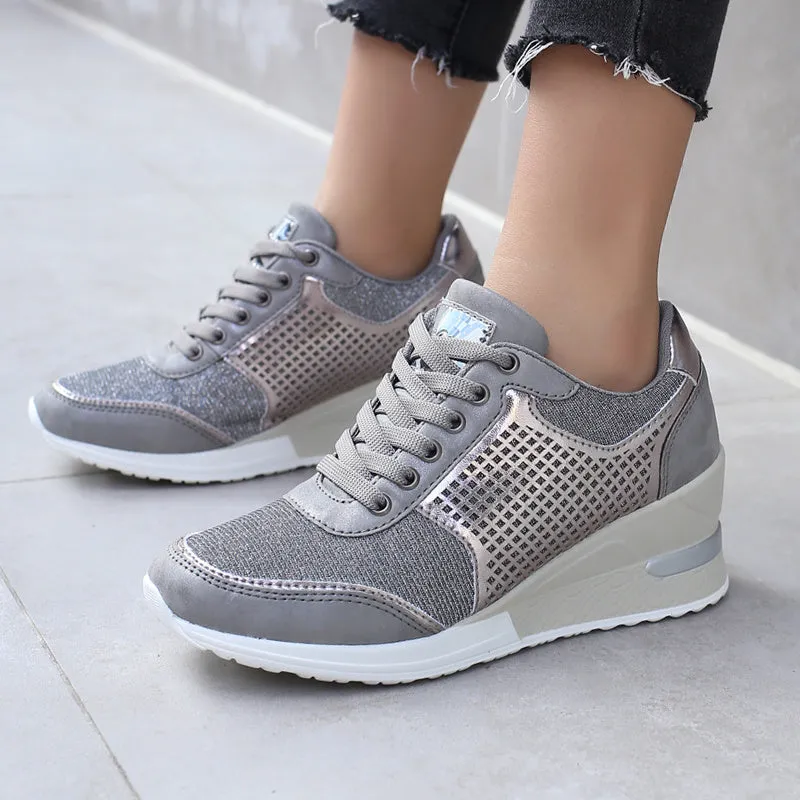 Women's PU lace-up height increasing sneakers 6.5cm round toe casual walking shoes Black Gold Grey Leopard