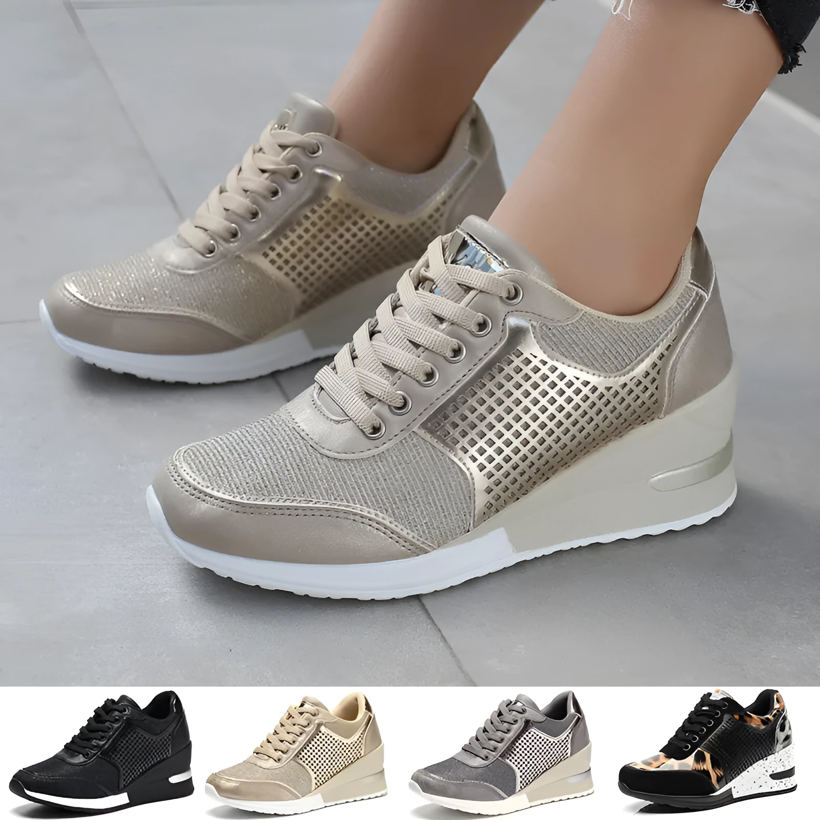 Women's PU lace-up height increasing sneakers 6.5cm round toe casual walking shoes Black Gold Grey Leopard