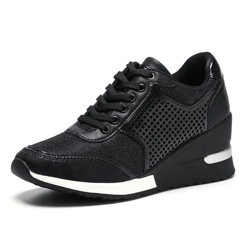 Women's PU lace-up height increasing sneakers 6.5cm round toe casual walking shoes Black Gold Grey Leopard