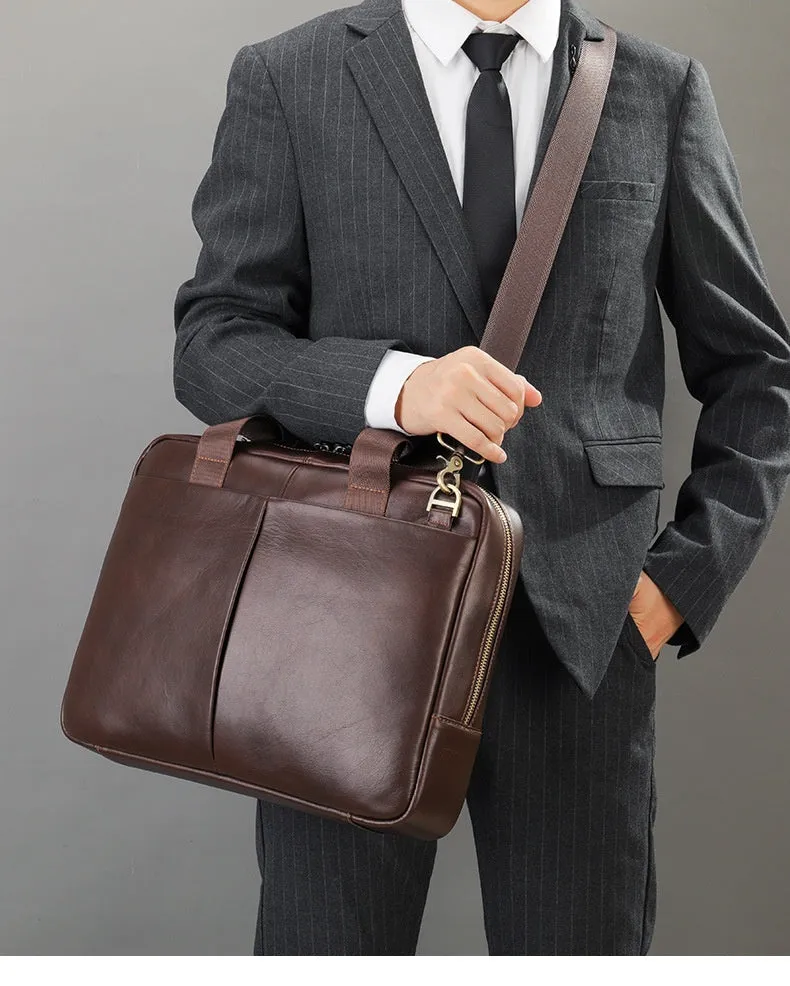 Genuine leather large capacity horizontal briefcase for men in black with sewing line detailing, first layer cowhide