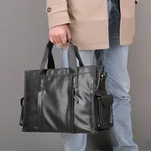 Genuine leather large capacity horizontal briefcase for men in black with sewing line detailing, first layer cowhide