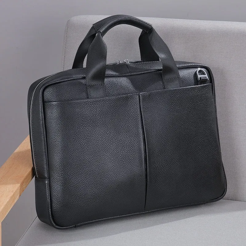 Genuine leather large capacity horizontal briefcase for men in black with sewing line detailing, first layer cowhide