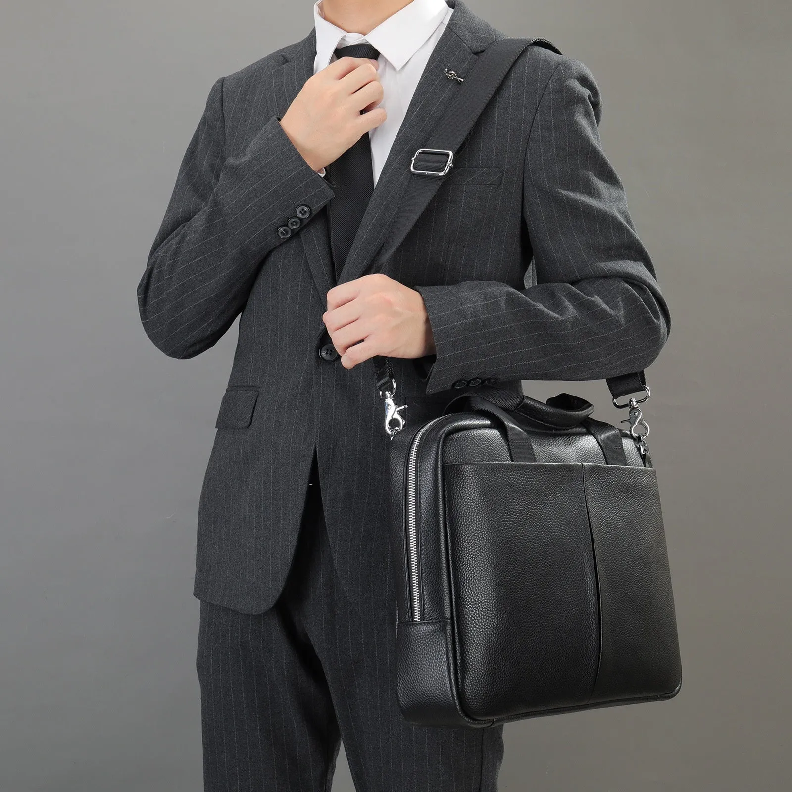 Genuine leather large capacity horizontal briefcase for men in black with sewing line detailing, first layer cowhide