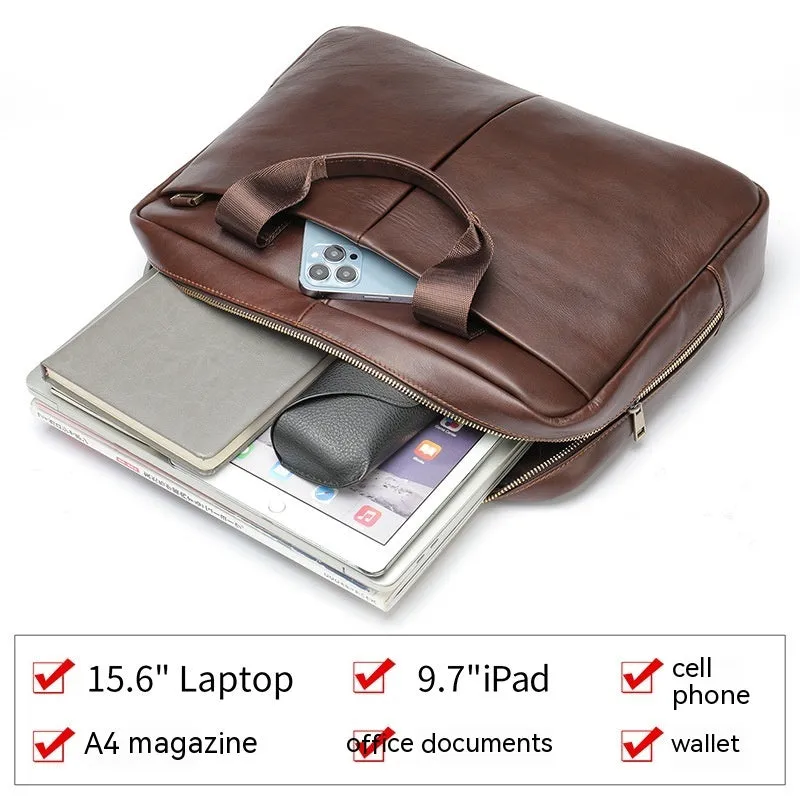 Genuine leather large capacity horizontal briefcase for men in black with sewing line detailing, first layer cowhide