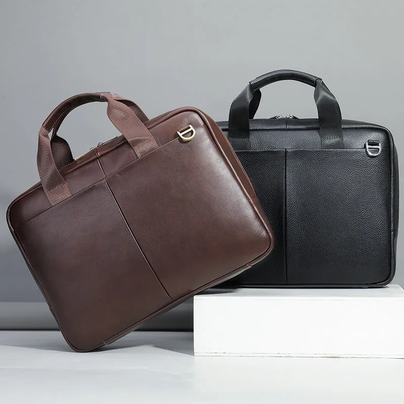 Genuine leather large capacity horizontal briefcase for men in black with sewing line detailing, first layer cowhide
