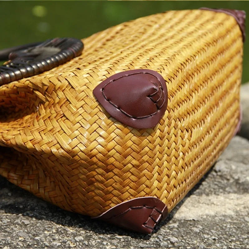 Handwoven rattan straw bag with wooden handle and cotton lining, 32 cm, in khaki colour
