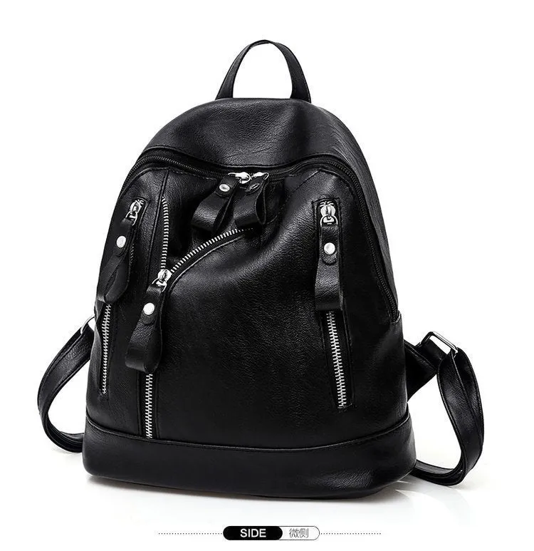 Black PU leather waterproof backpack for women, vertical square shape with soft handle, 28cm x 13cm x 27cm