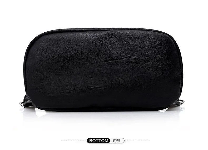 Black PU leather waterproof backpack for women, vertical square shape with soft handle, 28cm x 13cm x 27cm