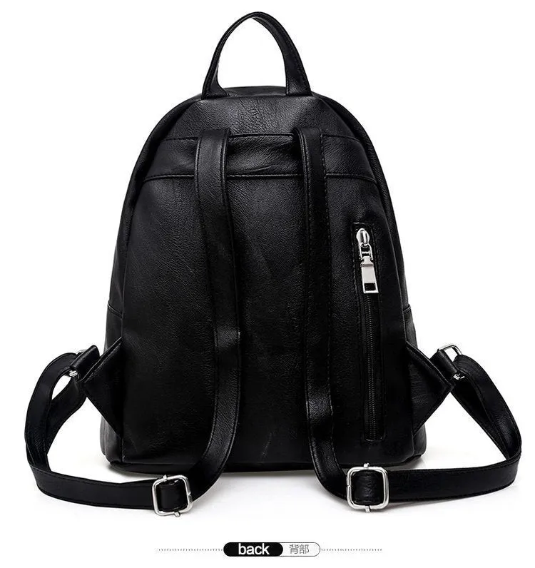 Black PU leather waterproof backpack for women, vertical square shape with soft handle, 28cm x 13cm x 27cm