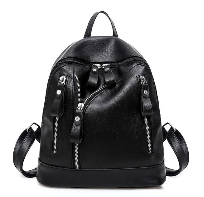 Black PU leather waterproof backpack for women, vertical square shape with soft handle, 28cm x 13cm x 27cm