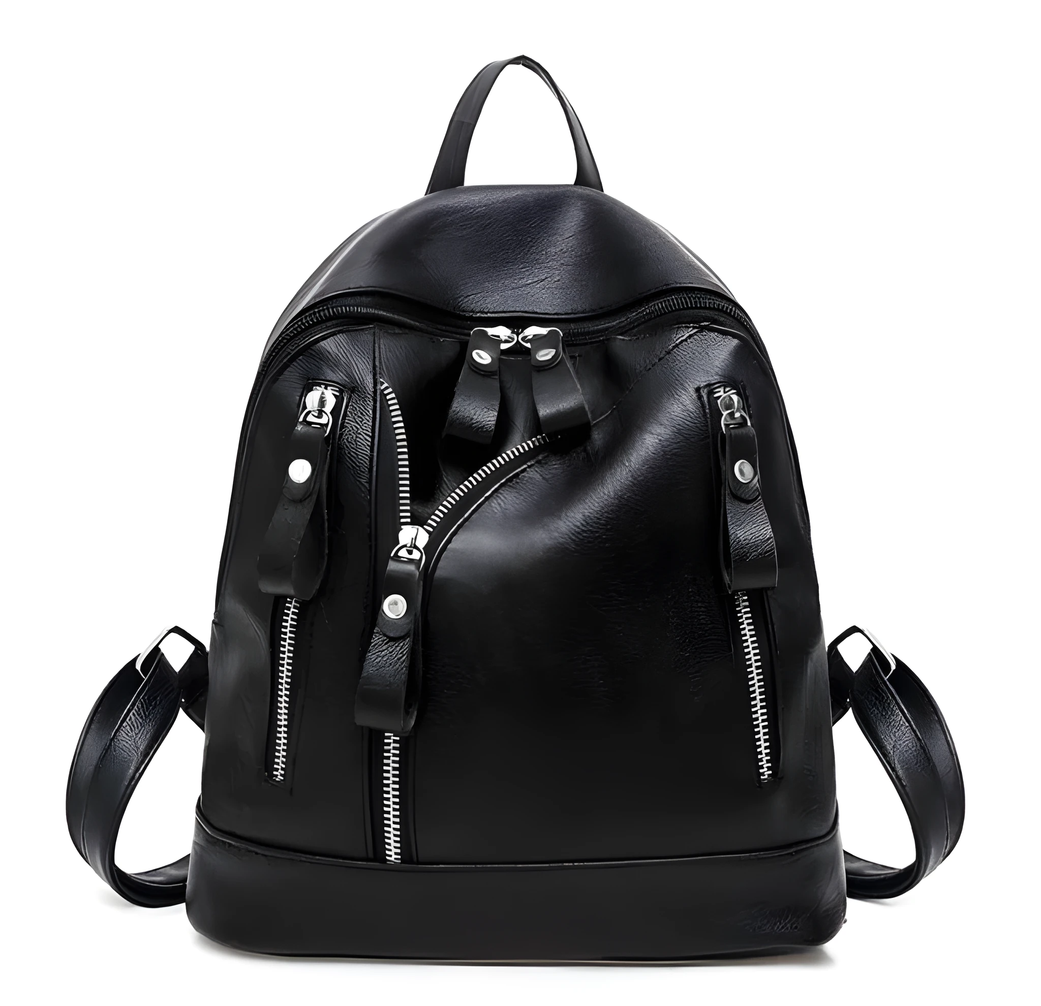 Black PU leather waterproof backpack for women, vertical square shape with soft handle, 28cm x 13cm x 27cm