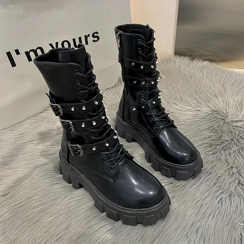 Women's punk mid boots in white with buckle, lace-up front, side zip, round toe, and artificial PU upper