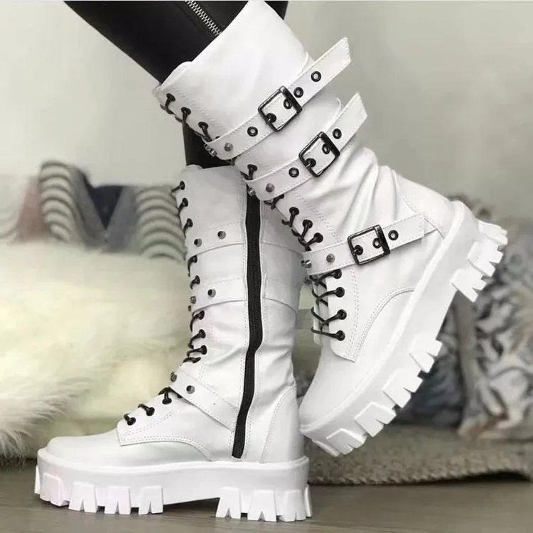 Women's punk mid boots in white with buckle, lace-up front, side zip, round toe, and artificial PU upper