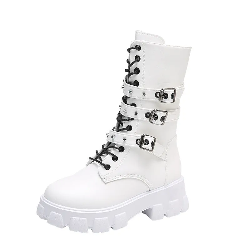 Women's punk mid boots in white with buckle, lace-up front, side zip, round toe, and artificial PU upper