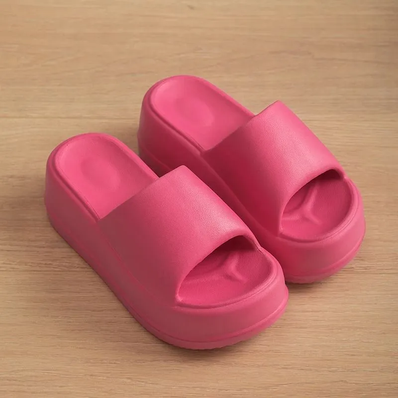 Women's solid colour 7cm high heel flat slippers in black, rose red, and white with round toe and EVA sole