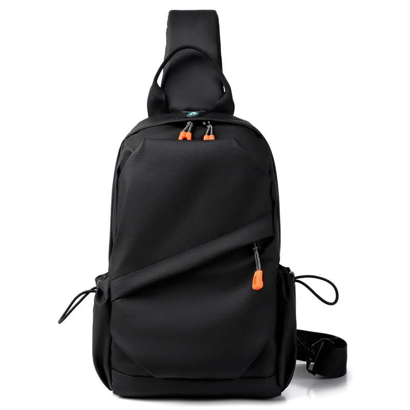 Men's black polyester crossbody bag worn on single shoulder with adjustable strap