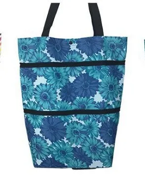 Foldable tug shopping cart in sapphire blue with Oxford cloth bag, metal bracket, and button closure