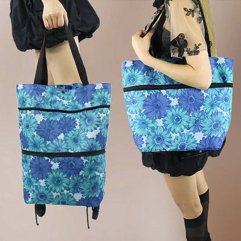Foldable tug shopping cart in sapphire blue with Oxford cloth bag, metal bracket, and button closure