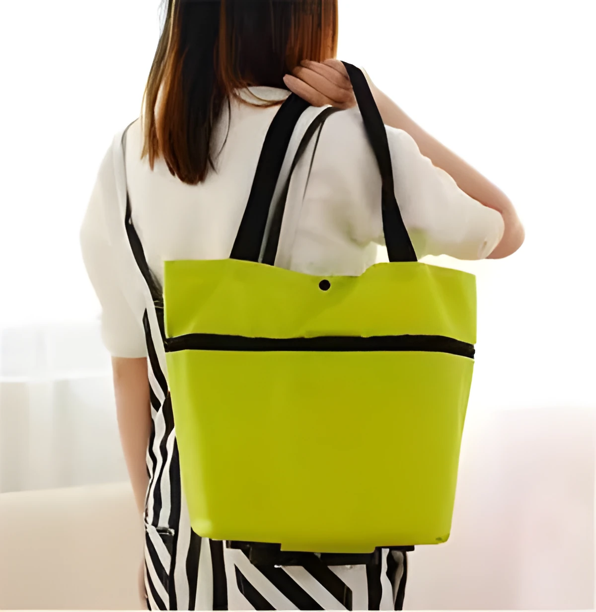 Foldable tug shopping cart in sapphire blue with Oxford cloth bag, metal bracket, and button closure