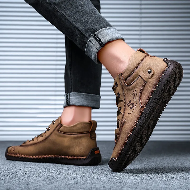 Casual hand-stitched cowhide leather Martin boots for men low-top tooling shoes in black, gold, khaki or green