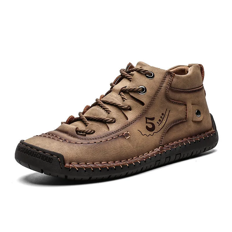 Casual hand-stitched cowhide leather Martin boots for men low-top tooling shoes in black, gold, khaki or green
