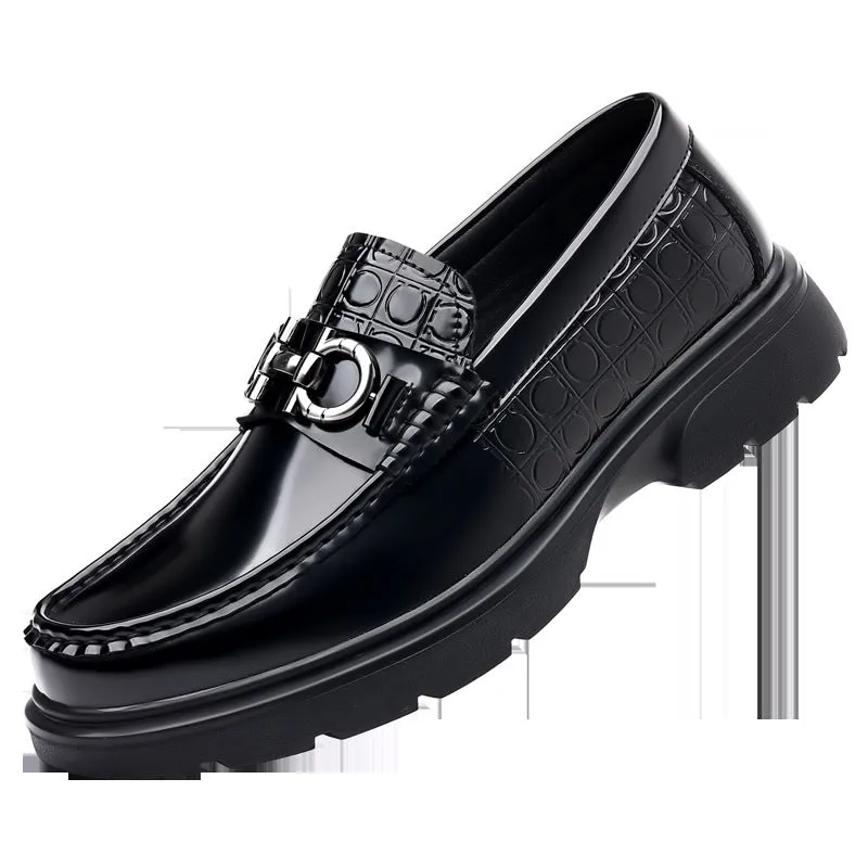 Men's low-top cowhide leather retro casual shoes in black, rubber sole, sewing thread detail, side view