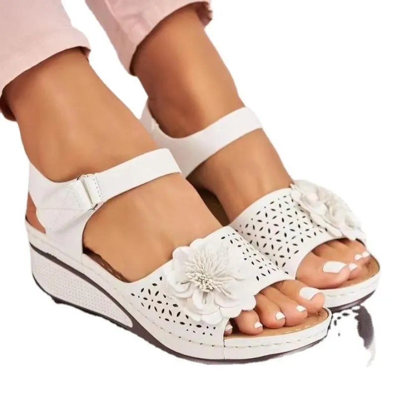 Women's plus size hollow-out flower platform wedge sandals in first layer cowhide with ankle buckle, beige colour