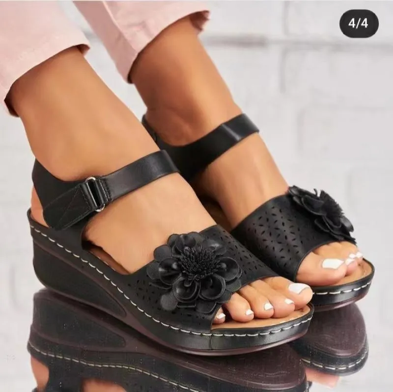 Women's plus size hollow-out flower platform wedge sandals in first layer cowhide with ankle buckle, beige colour