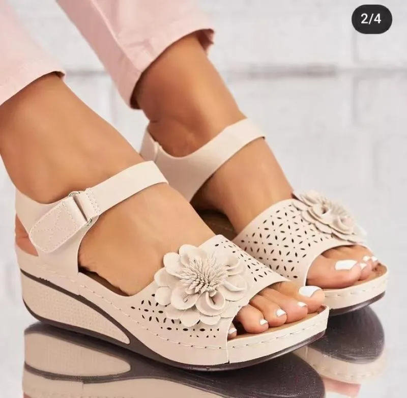 Women's plus size hollow-out flower platform wedge sandals in first layer cowhide with ankle buckle, beige colour