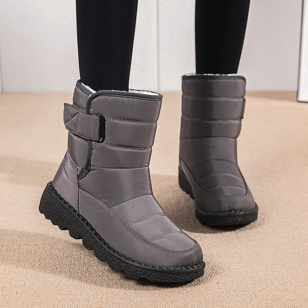 Winter fabric casual cotton snow boots with Velcro fastening, round toe, and 3.5cm rubber sole