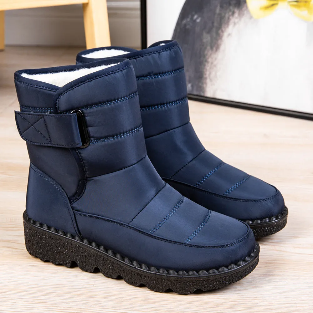 Winter fabric casual cotton snow boots with Velcro fastening, round toe, and 3.5cm rubber sole