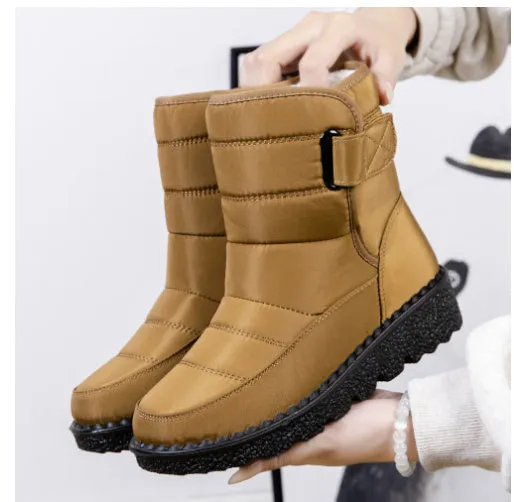 Winter fabric casual cotton snow boots with Velcro fastening, round toe, and 3.5cm rubber sole