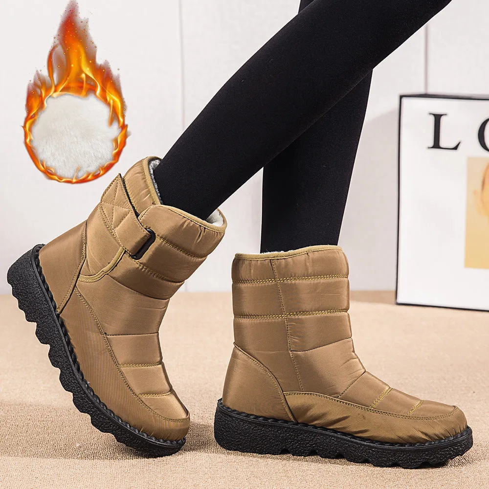 Winter fabric casual cotton snow boots with Velcro fastening, round toe, and 3.5cm rubber sole