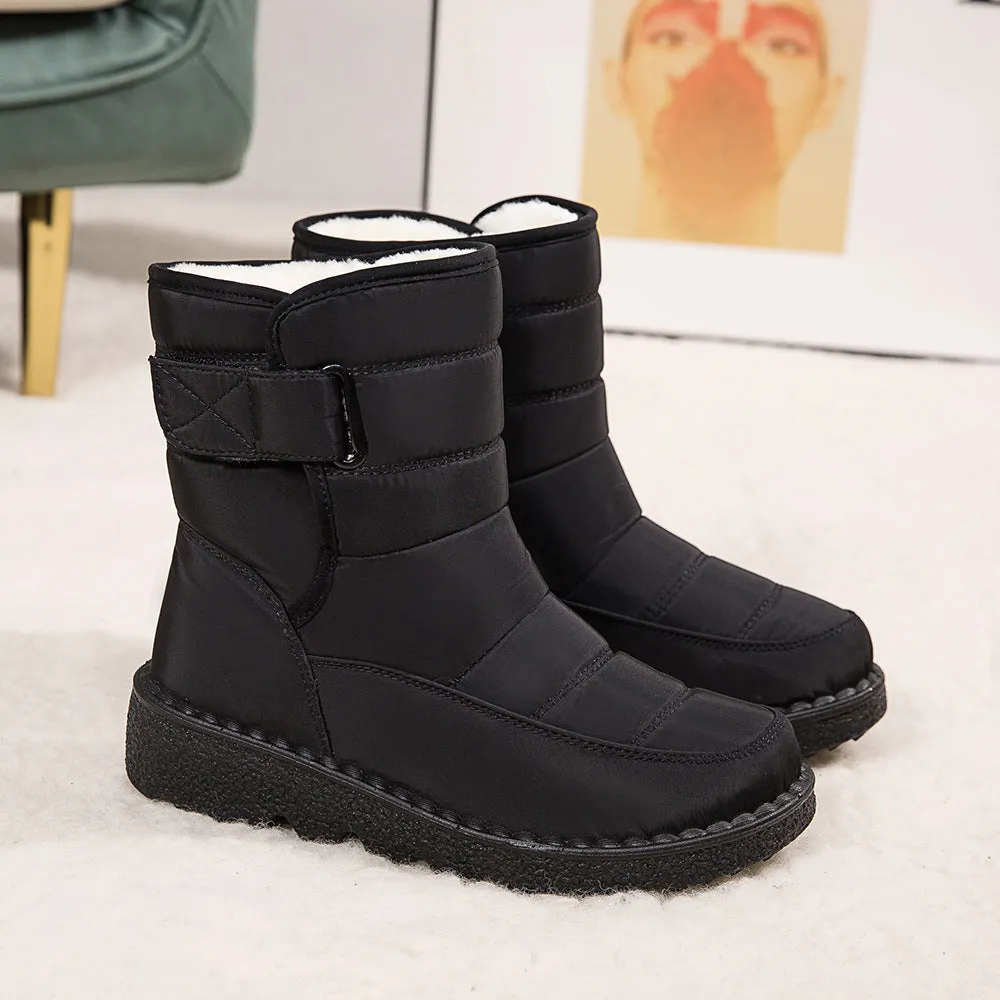 Winter fabric casual cotton snow boots with Velcro fastening, round toe, and 3.5cm rubber sole