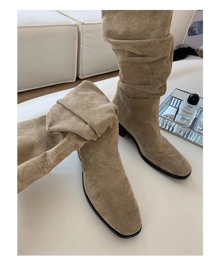 French mid-calf khaki suede western boots with height-increasing insole 5cm cloth lining