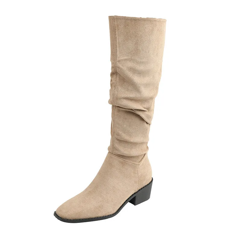 French mid-calf khaki suede western boots with height-increasing insole 5cm cloth lining
