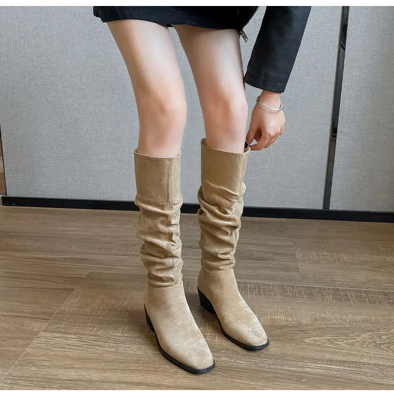 French mid-calf khaki suede western boots with height-increasing insole 5cm cloth lining