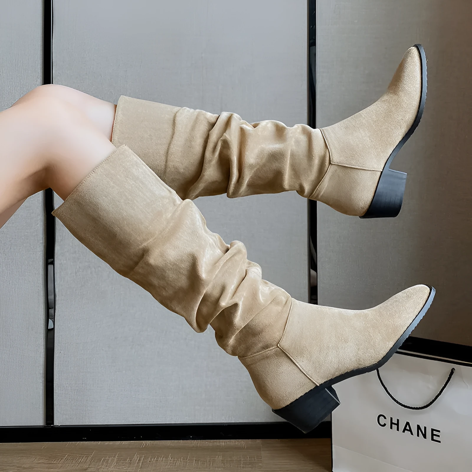 French mid-calf khaki suede western boots with height-increasing insole 5cm cloth lining