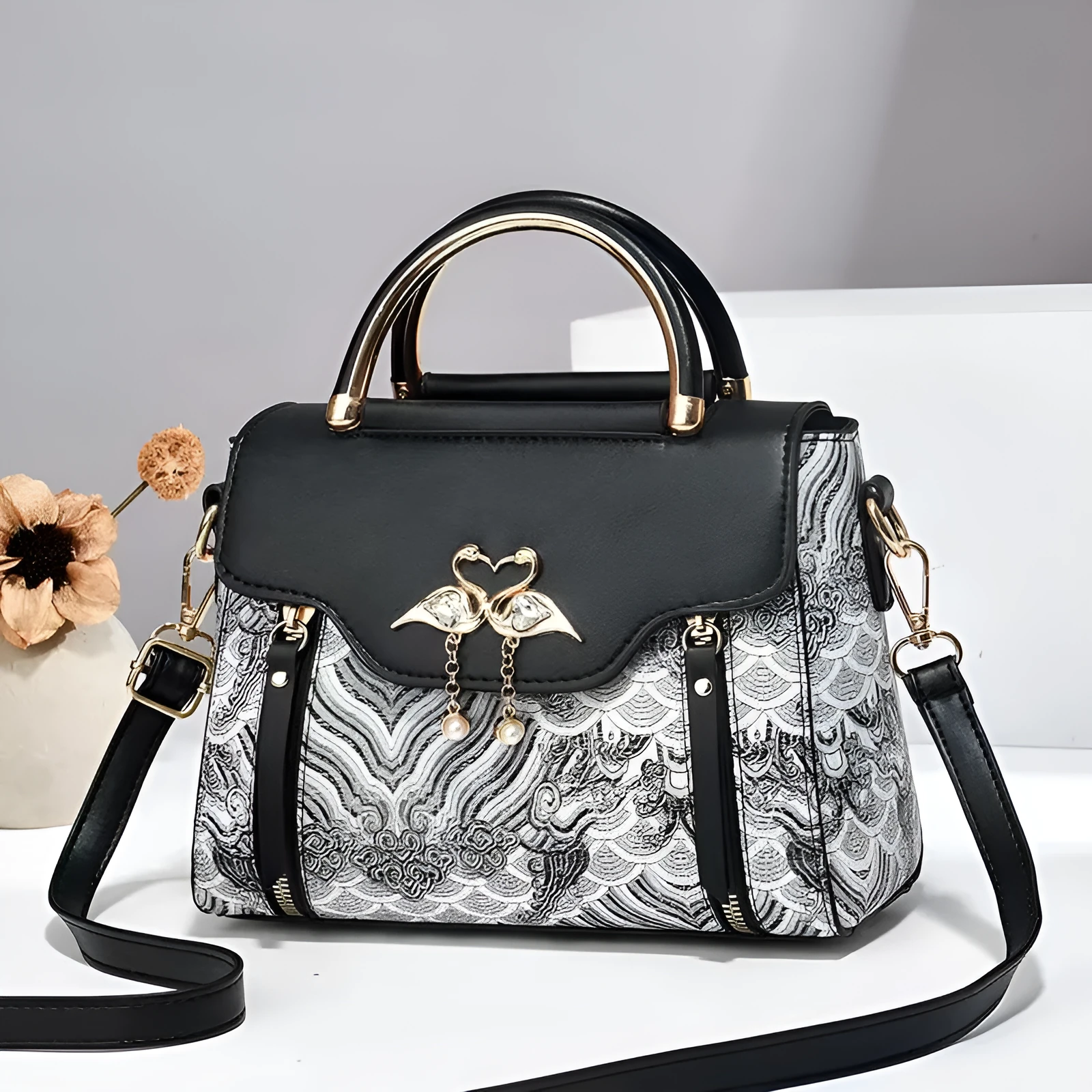 Women's PU crossbody bag in black with woven texture, horizontal square shape, and single shoulder strap