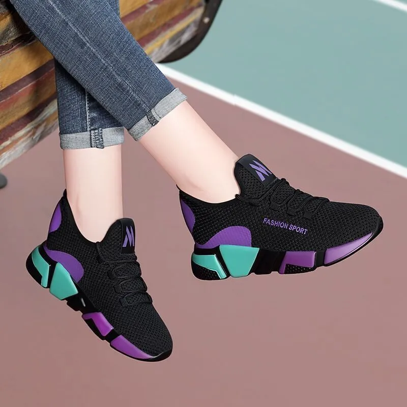 Women's lace-up platform sports shoes in wedge heel style, breathable upper, round toe, red colour