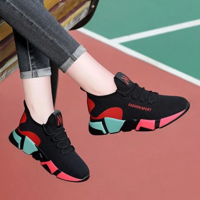 Women's lace-up platform sports shoes in wedge heel style, breathable upper, round toe, red colour