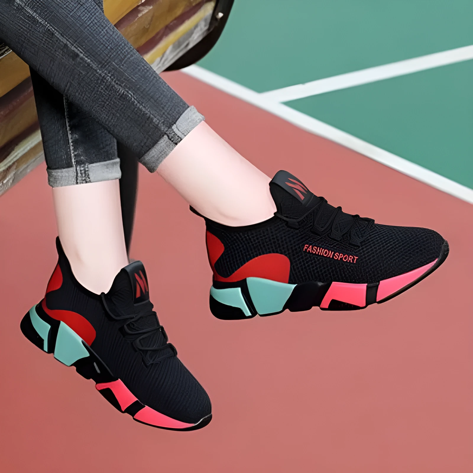 Women's lace-up platform sports shoes in wedge heel style, breathable upper, round toe, red colour