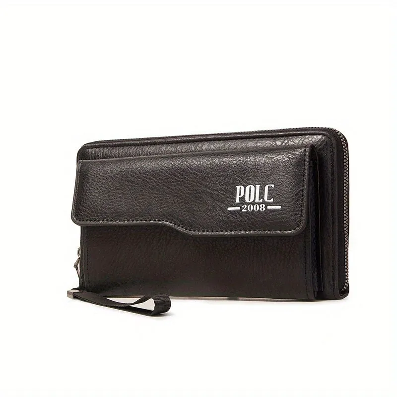 New men's long zipper wallet in black with multiple card slots and large capacity for mobile phone