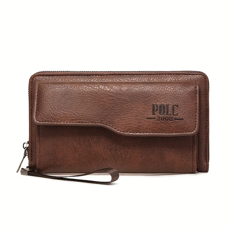 New men's long zipper wallet in black with multiple card slots and large capacity for mobile phone