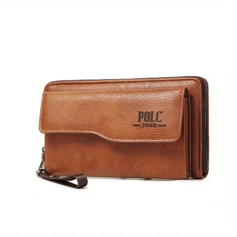 New men's long zipper wallet in black with multiple card slots and large capacity for mobile phone