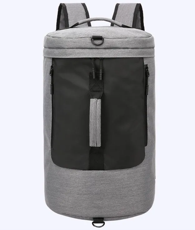 Large-capacity waterproof duffel bag for men, polyester, 36-55L, cylinder shape, light grey colour